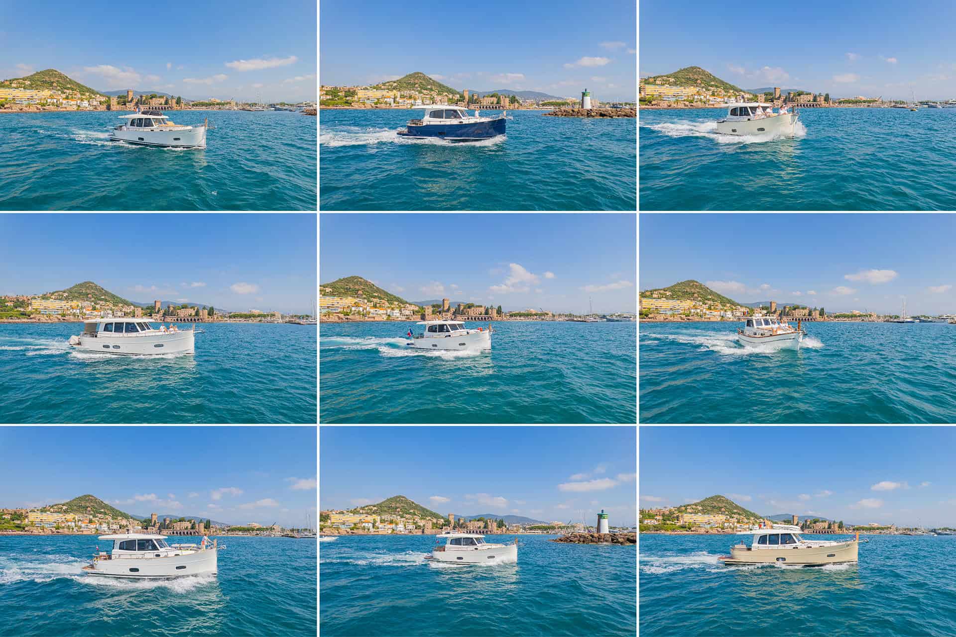 Collage de embarcaciones Menorquín navegando frente a la costa de Cannes durante el encuentro Club Menorquín France.