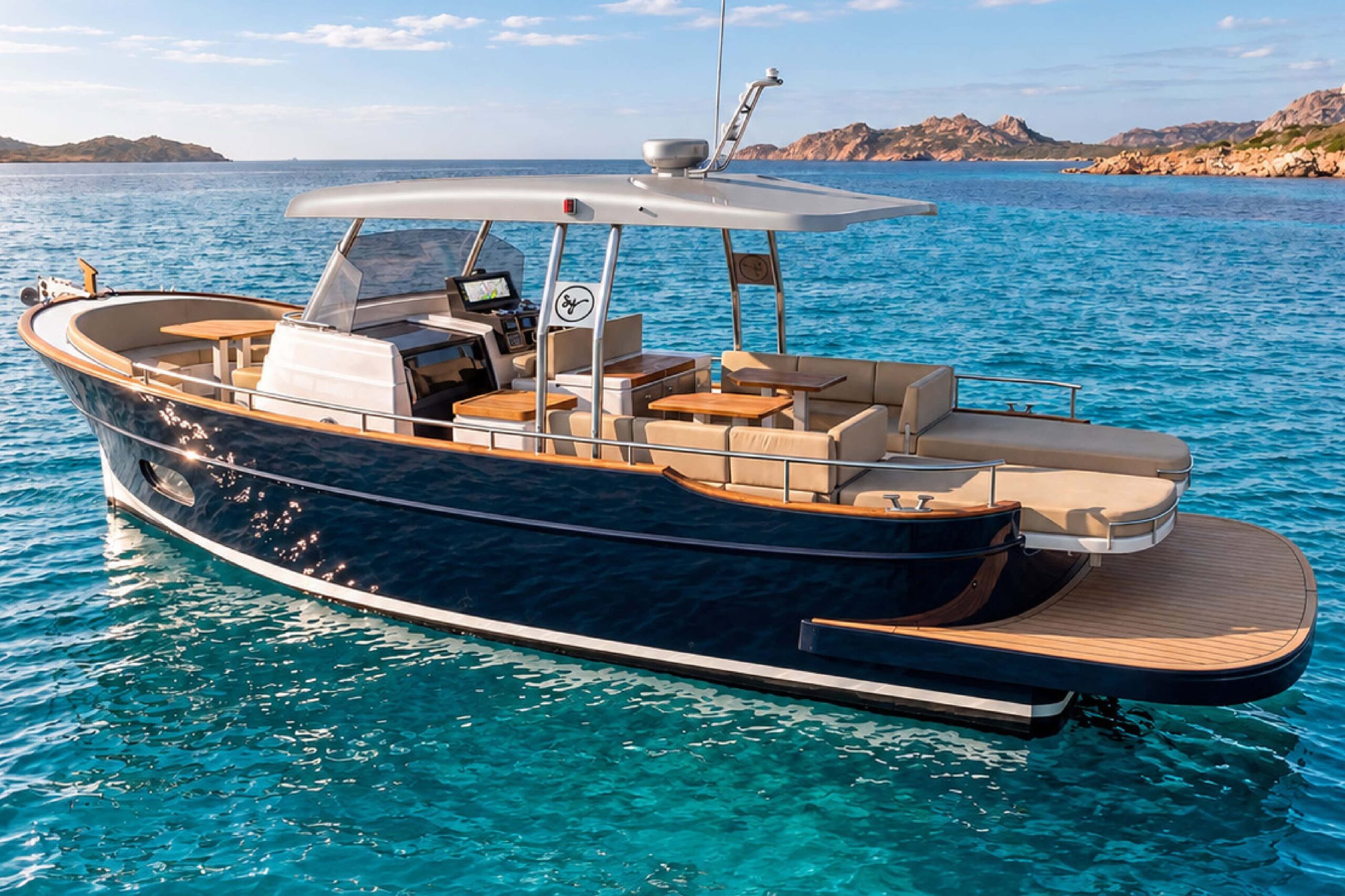 Vista lateral del Menorquín 36 Open de Sasga Yachts fondeado, con plataforma de baño, soláriums de popa y zona social bajo el hardtop.