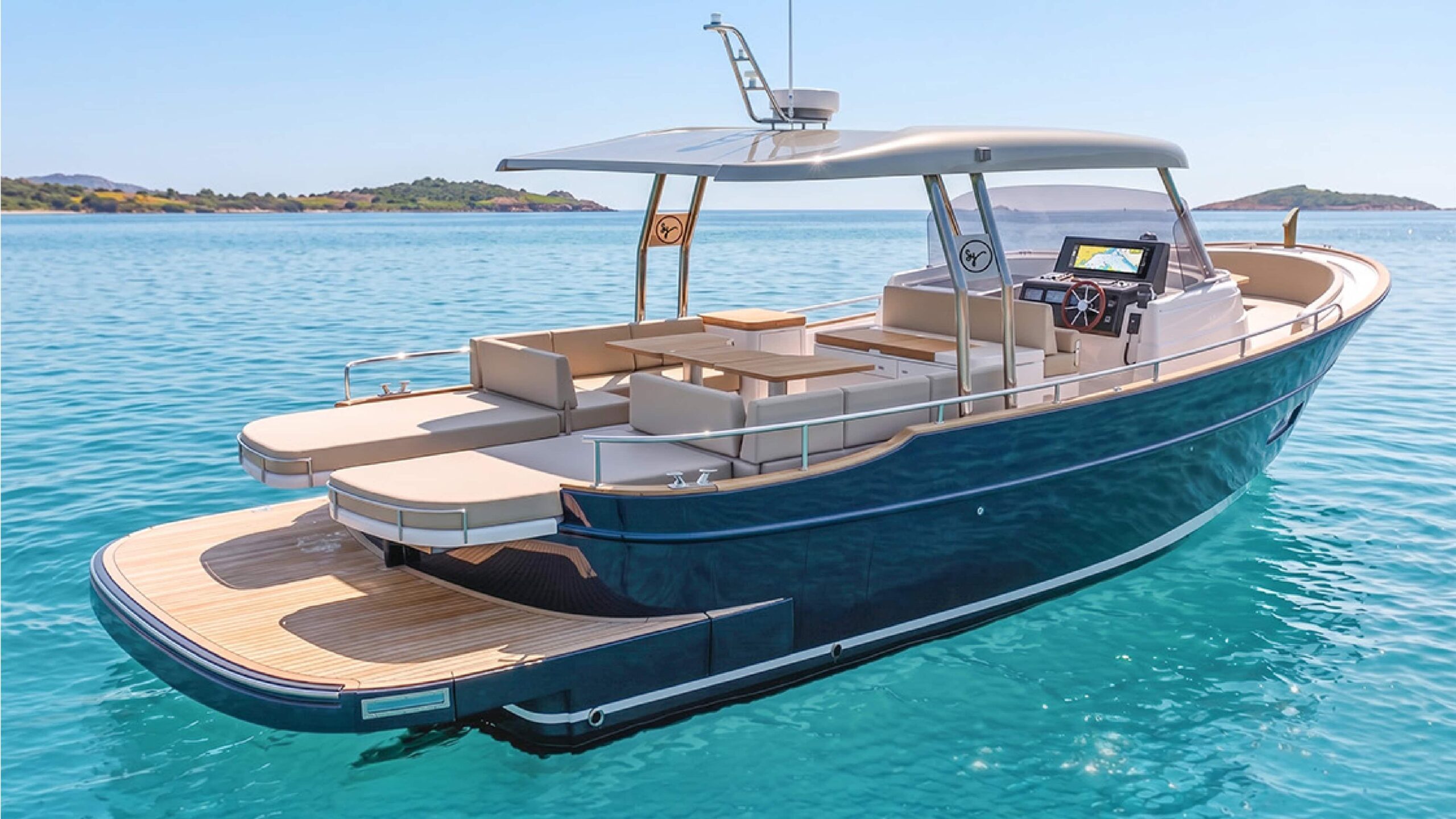 Menorquín 36 Open de Sasga Yachts visto desde popa, con plataforma de baño, solárium y cubierta abierta sobre aguas mediterráneas.