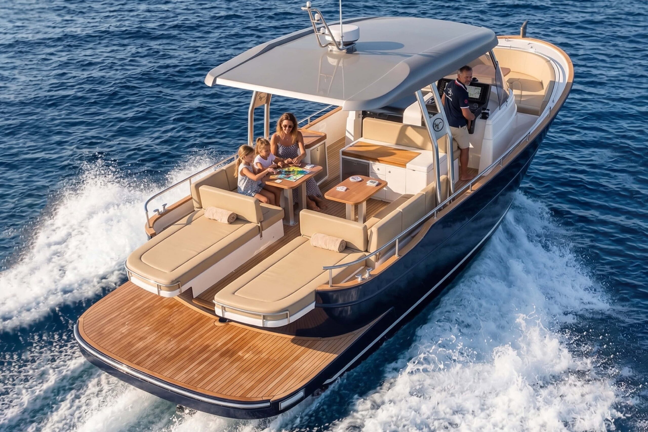 Familia disfrutando de la cubierta del Menorquín 36 Open de Sasga Yachts mientras navega por el Mediterráneo.