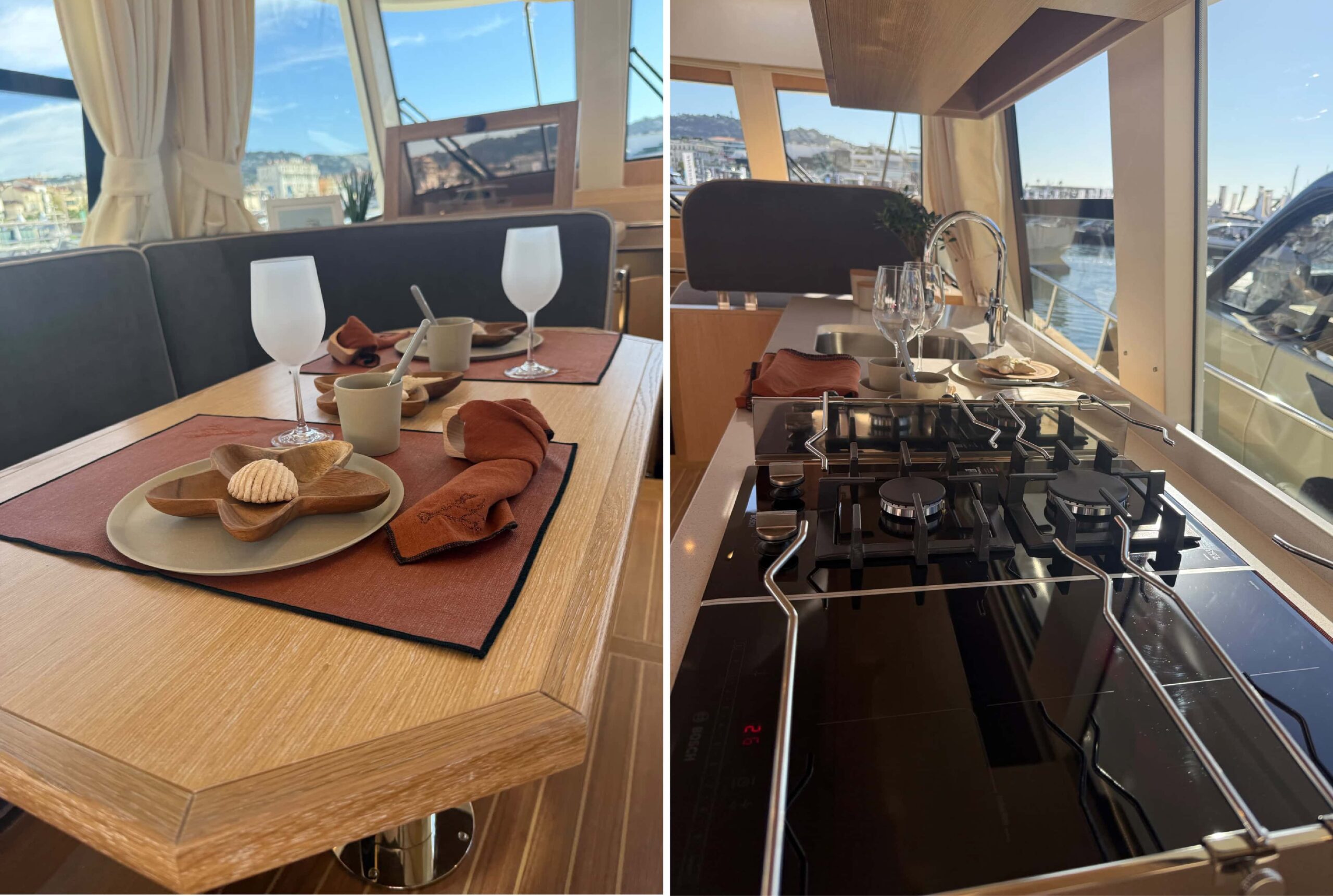Detalles del interior de un Sasga Yachts con zona de comedor y cocina equipada durante el Cannes Yachting Festival 2026.